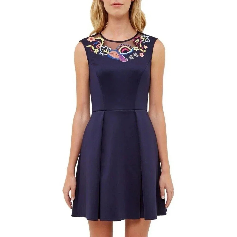 Ted Baker Lavensa Navy Embroidered Floral Dress- Size 2